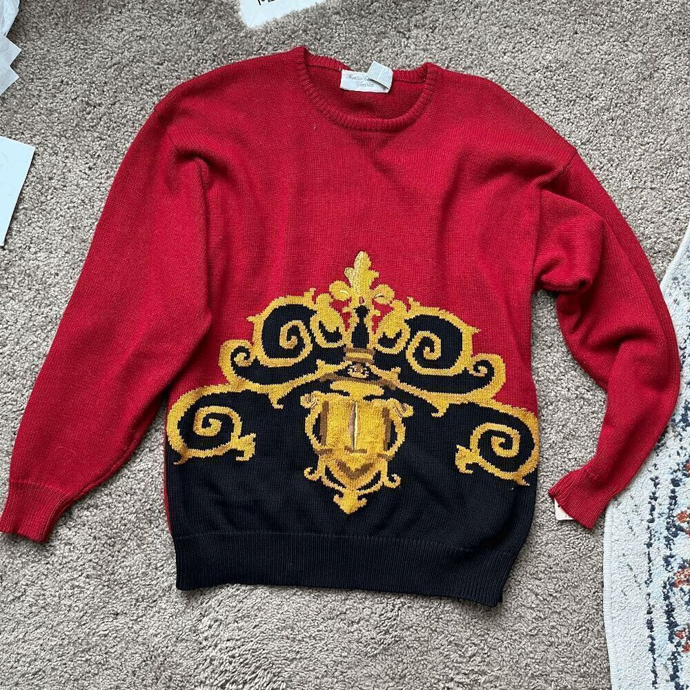 VTG Marisa Christina Heraldic Crest Knit Sweater Red Gold Baroque